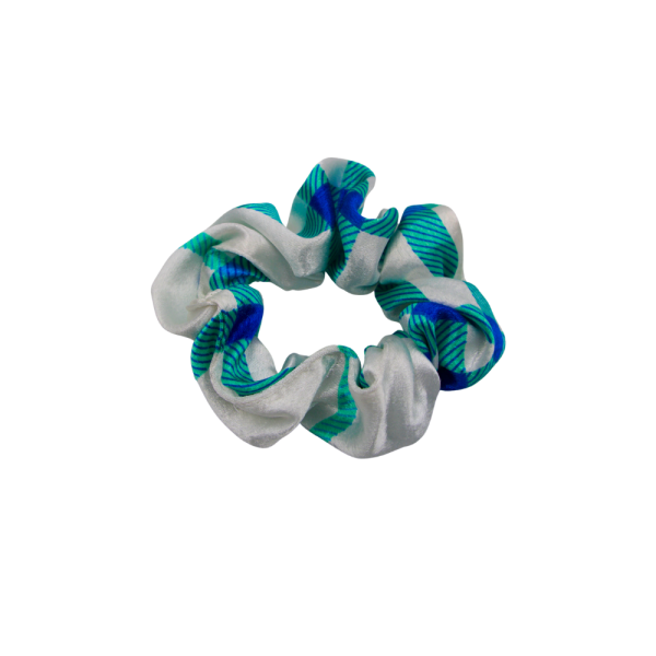 Chouchou Ella - satin blanc, bleu, motif carreaux