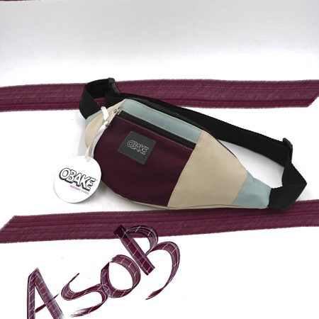 Sacoche banane upcyclé mixte aplats couleurs bordeau beige bleu - quart