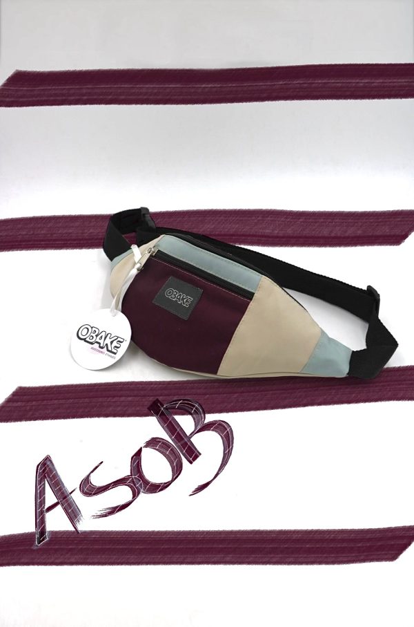 Sacoche banane upcyclé mixte aplats couleurs bordeau beige bleu - quart