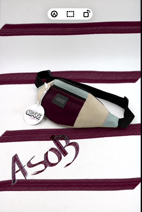 Sacoche banane upcyclé mixte aplats couleurs bordeau beige bleu - quart