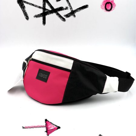 Sacoche banane upcyclé mixte aplats couleurs rose fluo blanc- quart