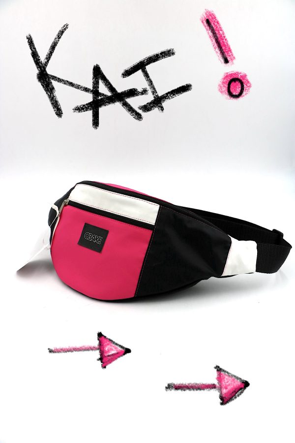 Sacoche banane upcyclé mixte aplats couleurs rose fluo blanc- quart