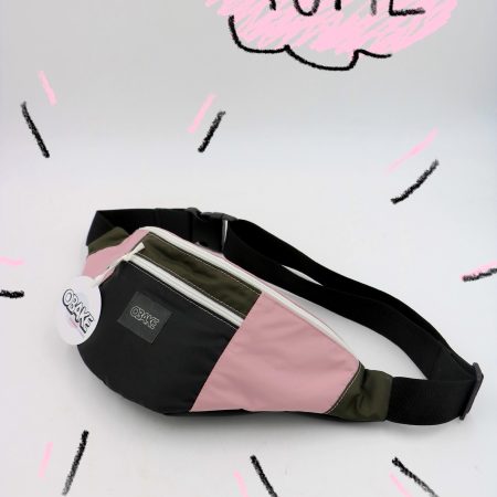 Sacoche banane upcyclé mixte aplats couleurs rose kaki - quart