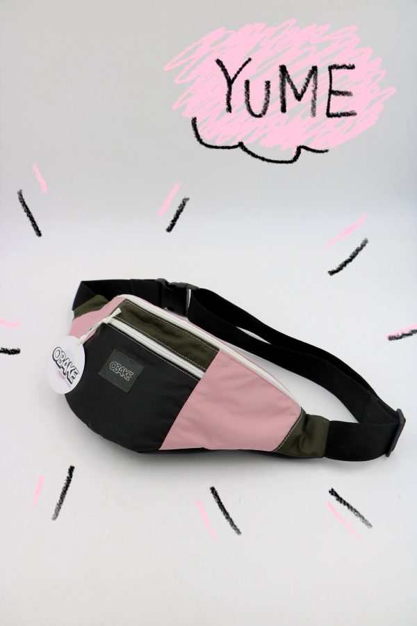 Sacoche banane upcyclé mixte aplats couleurs rose kaki - quart